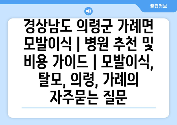 경상남도 의령군 가례면 모발이식 | 병원 추천 및 비용 가이드 | 모발이식, 탈모, 의령, 가례